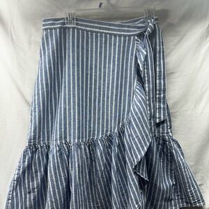 CHAPS Blue White Striped Linen Blend Wrap Midi Skirt Ruffle Tie Waist Beach Med